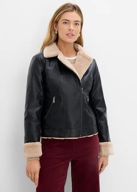 Lederimitat-Jacke, gefüttert in schwarz von vorne (im Anschnitt) - bonprix