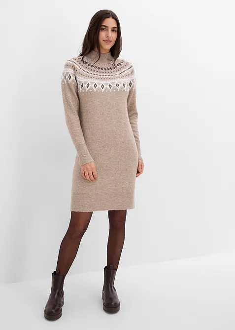 Norweger-Strickkleid mit Stehkragen in beige von vorne (Totalaufnahme) - bonprix