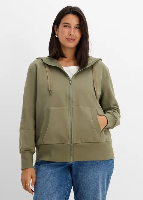 Softe Kapuzen-Sweatjacke aus schwerem Baumwoll-Mix in grün von vorne (im Anschnitt) - bonprix