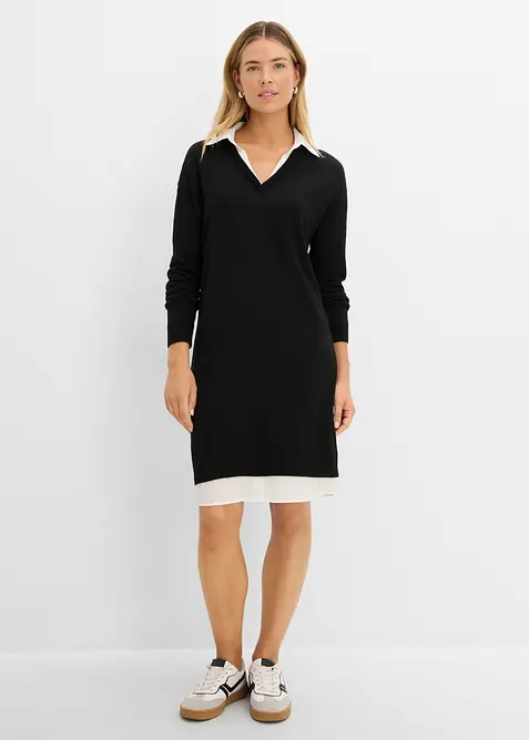 Strickkleid mit Blusen-Einsatz in schwarz von vorne (Totalaufnahme) - bonprix
