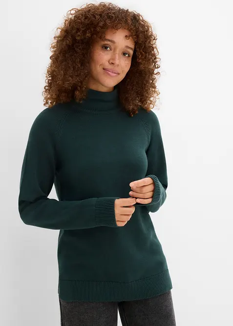 Rollkragenpullover aus reiner Baumwolle in grün von vorne (im Anschnitt) - bonprix