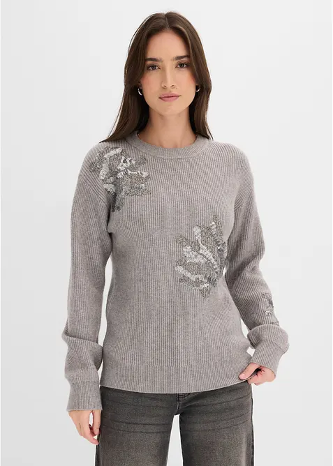 Pullover mit Applikation in grau von vorne (im Anschnitt) - bonprix