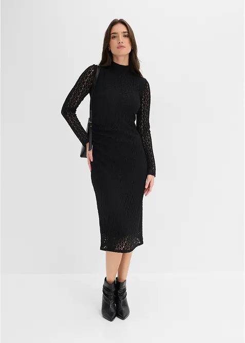 Jerseykleid in Ajour-Spitzen-Optik in schwarz im Look von vorne (Totalaufnahme) - bonprix