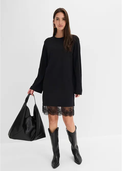 Jerseykleid mit Spitzen-Details in schwarz von vorne (Totalaufnahme) - bonprix