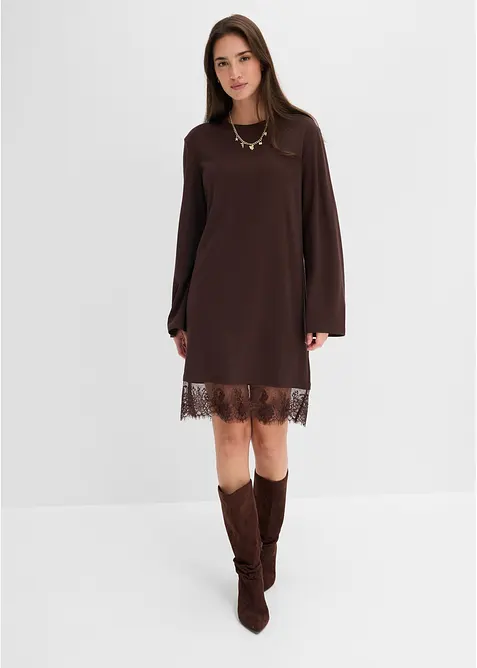 Jerseykleid mit Spitzen-Details in braun von vorne (Totalaufnahme) - bonprix