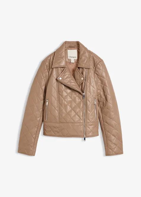 Gesteppte Leder-Biker-Jacke aus Lammnappa in braun von vorne - bonprix