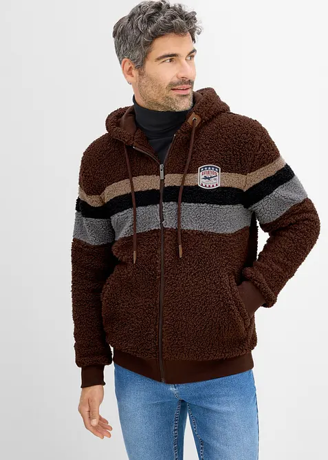 Teddy-Fleecejacke mit Kapuze in braun von vorne (im Anschnitt) - bonprix