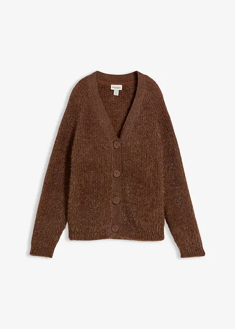 Gerippte Grobstrickjacke mit Glanzeffekt in braun von vorne - bonprix