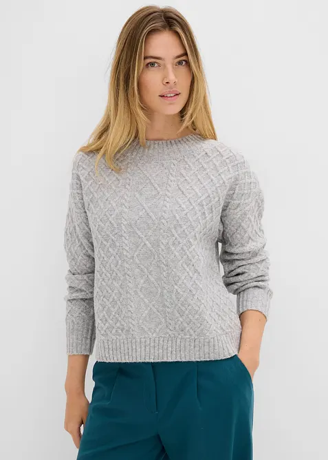 Pullover mit Zopfmuster in grau von vorne (im Anschnitt) - bonprix