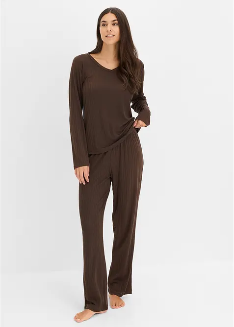 Pyjama aus weichem Pointelle in braun von vorne (Totalaufnahme) - bonprix