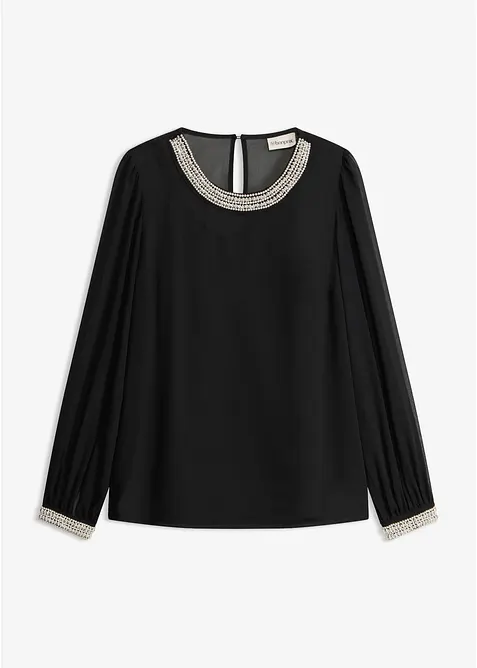 Chiffonbluse mit Strasssteinverzierungen in schwarz von vorne - bonprix