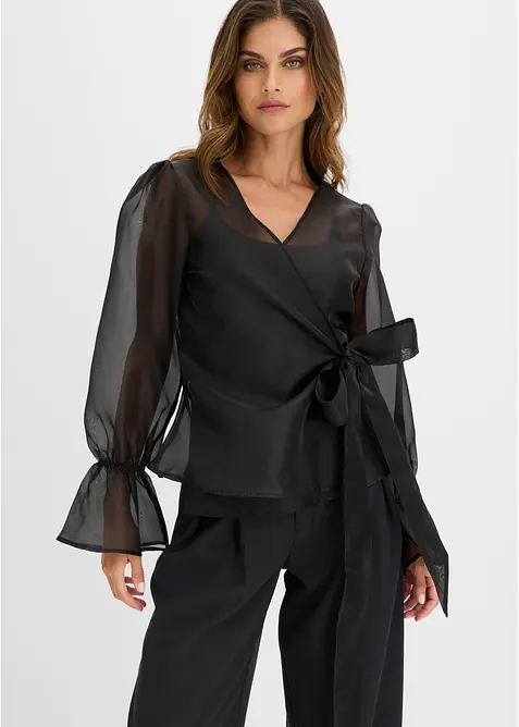 Bluse aus glänzendem Tüll in schwarz von vorne (im Anschnitt) - bonprix