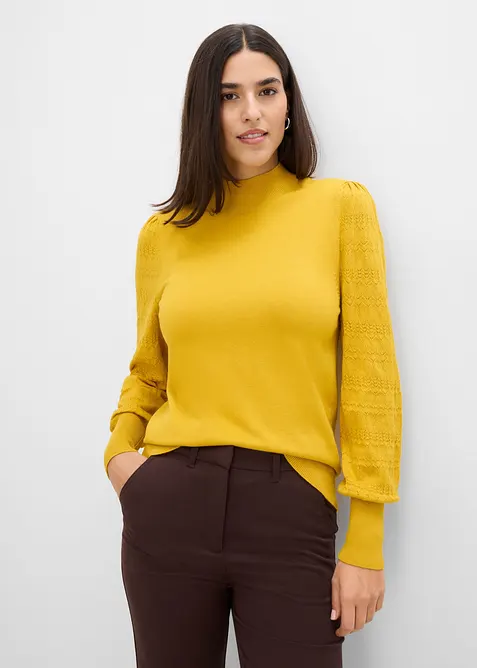 Feinstrickpullover mit Ajour in gelb von vorne (im Anschnitt) - bonprix