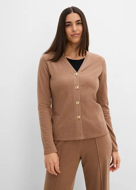Cardigan aus weichem Rippjersey in braun von vorne (im Anschnitt) - bonprix