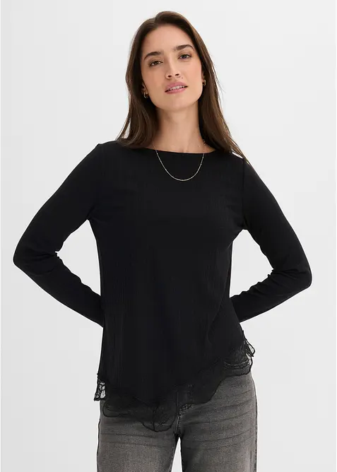 Langarmshirt mit Spitzensaum in schwarz von vorne (im Anschnitt) - bonprix