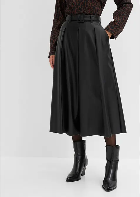 Lederimitat Faltenrock und Gürtel (2-tlg. Set) in schwarz von vorne - bonprix