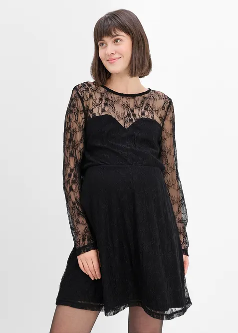 Festliches Umstandskleid aus elastischer Spitze und Jersey in schwarz von vorne (Totalaufnahme) - bonprix
