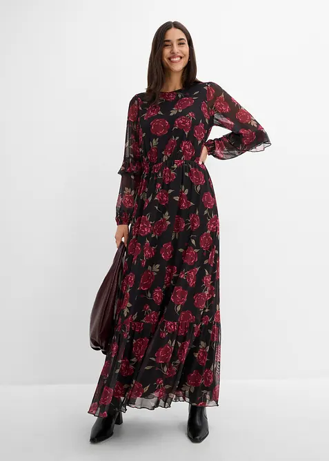 Maxikleid aus softem Mesh in schwarz im Look von vorne (Totalaufnahme) - bonprix
