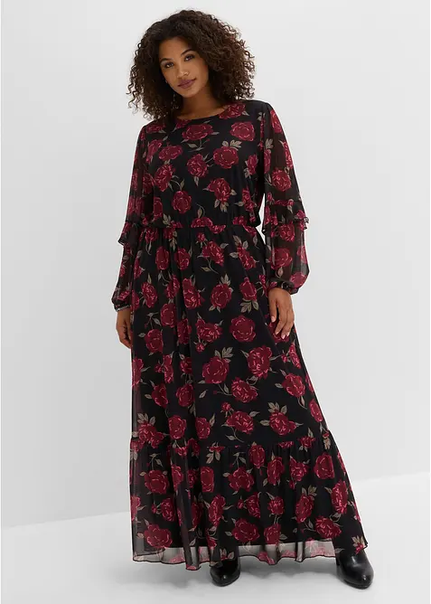 Maxikleid aus softem Mesh in schwarz von vorne (Totalaufnahme) - bonprix