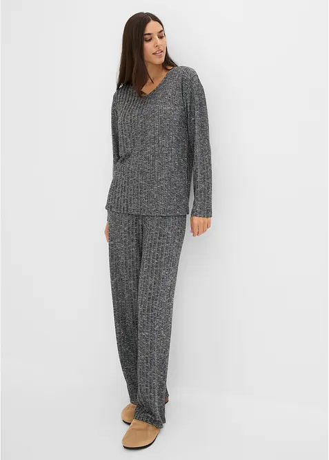 Loungewear Hausanzug aus Rippe in schwarz von vorne (Totalaufnahme) - bonprix