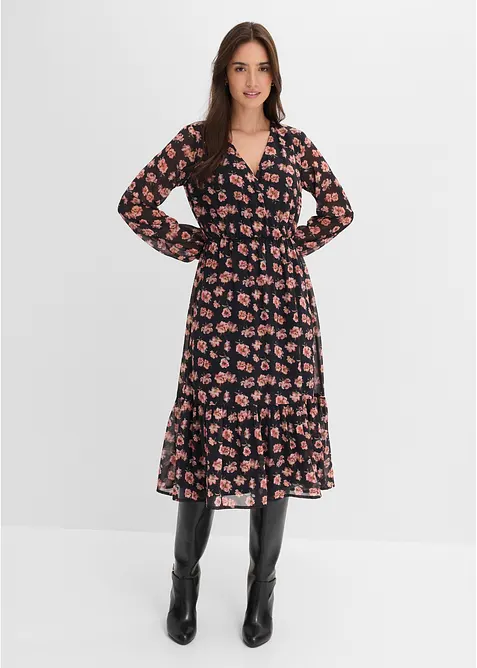 Bedrucktes Midi-Chiffonkleid in schwarz von vorne (Totalaufnahme) - bonprix
