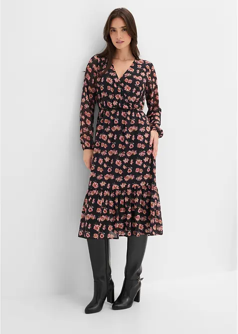 Bedrucktes Midi-Chiffonkleid in schwarz im Look von vorne (Totalaufnahme) - bonprix
