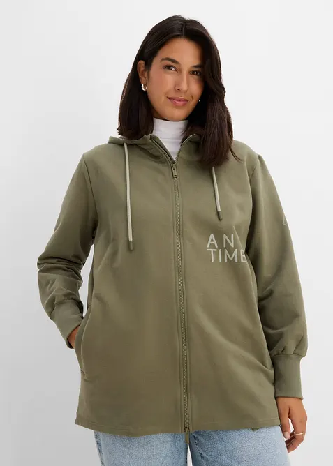 Softe Long-Sweatjacke aus dickem Baumwoll-Mix in grün von vorne (im Anschnitt) - bonprix