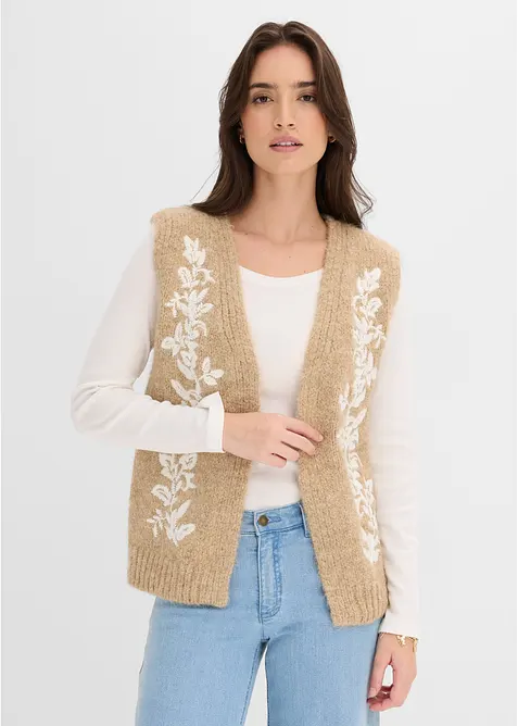 Strickweste mit floraler Stickerei in beige von vorne (im Anschnitt) - bonprix