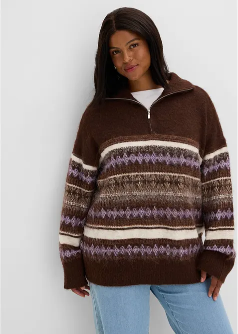 Langer Fair Isle Pullover in braun von vorne (im Anschnitt) - bonprix