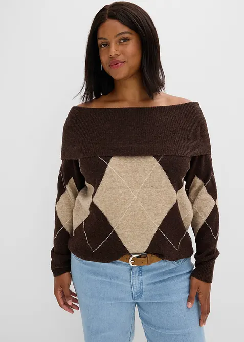 Off-Shoulder-Pullover mit Rautenmuster in braun von vorne (im Anschnitt) - bonprix