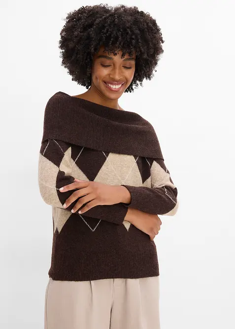 Off-Shoulder-Pullover mit Rautenmuster in braun von vorne (im Anschnitt) - bonprix