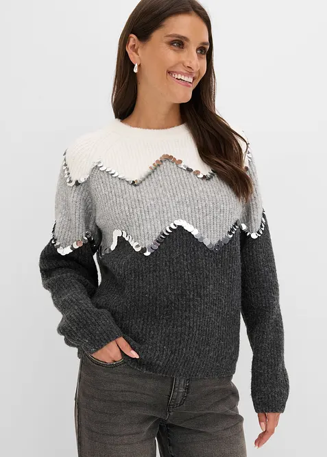Pullover mit Pailletten-Applikation in grau von vorne (im Anschnitt) - bonprix