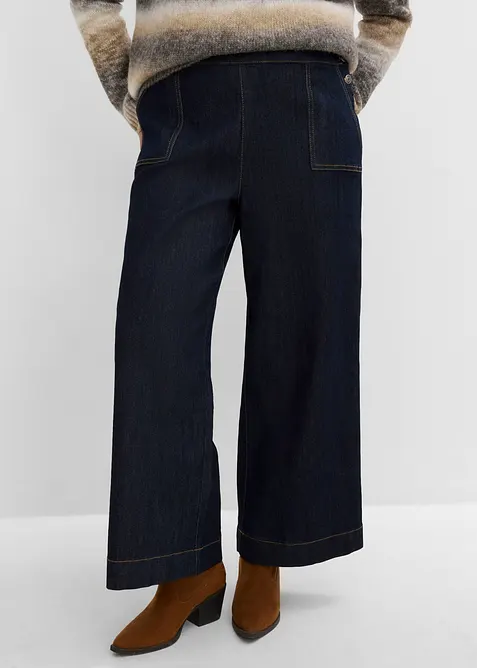Wide-Leg-Jeans, High Waist mit aufgesetzten Taschen in blau von vorne - bonprix