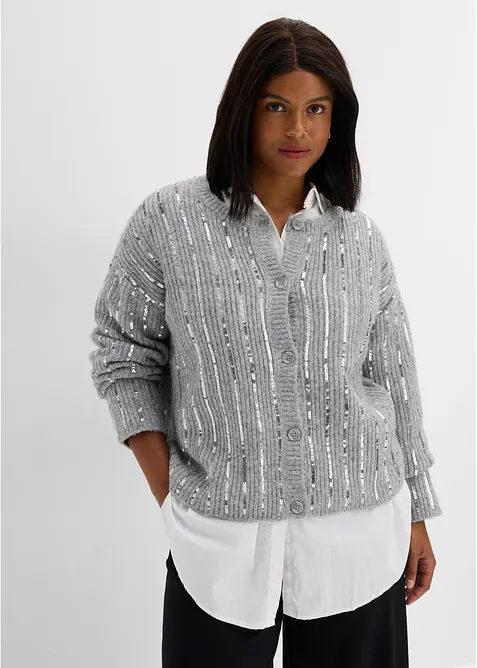 Strickjacke mit Pailletten-Applikation in grau von vorne (im Anschnitt) - bonprix