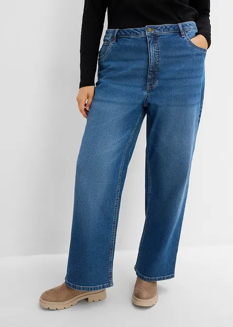 Wide-Leg-Jeans, Mid Waist mit Leo Details in blau von vorne - bonprix