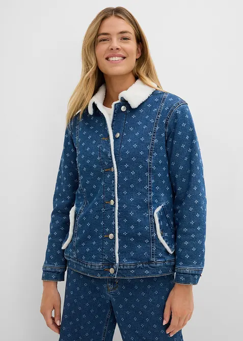 Warm gefütterte Jeansjacke mit Teddyfell in blau von vorne (im Anschnitt) - bonprix