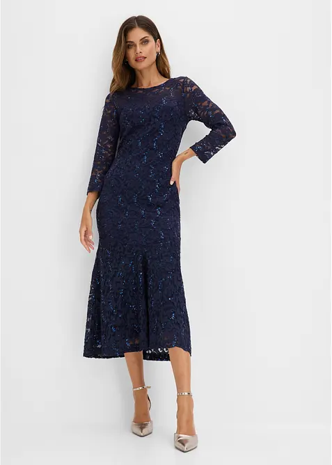 Spitzenkleid mit glänzenden Pailletten in blau von vorne (Totalaufnahme) - bonprix