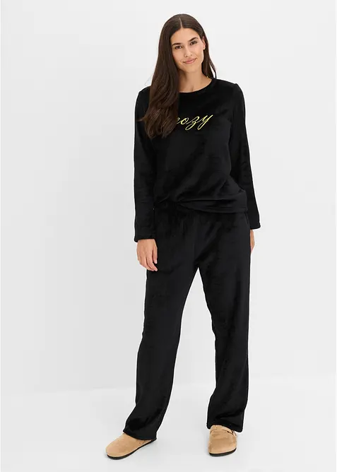 Loungewear Hausanzug aus Kuschelfleece mit Stickerei in schwarz von vorne (Totalaufnahme) - bonprix