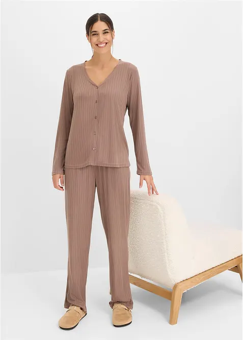 Weit geschnittener Loungewear Hausanzug aus weichem Pointelle-Jersey mit Knopfleiste in braun von vorne (Totalaufnahme) - bonprix