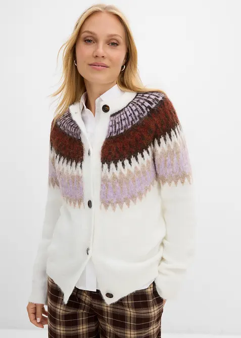 Norweger-Strickjacke aus weichem Woll-Mix in weiß von vorne (im Anschnitt) - bonprix