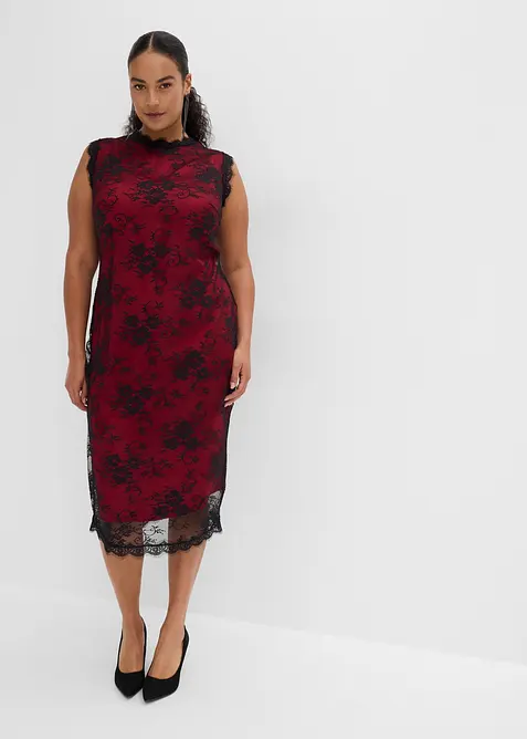 Spitzenkleid mit glänzendem Satin-Futter in schwarz von vorne (Totalaufnahme) - bonprix