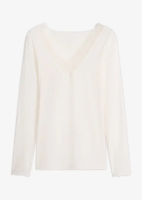 Ultralight Langarmshirt mit V-Ausschnitt und Spitze aus Kaschmir-Mix in weiß von vorne - bonprix