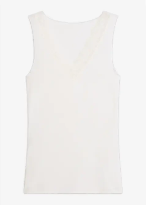 Ultralight Unterhemd mit V-Ausschnitt und Spitze aus Kaschmir-Mix in weiß von vorne - bonprix