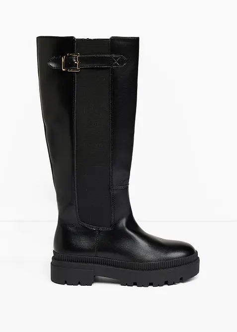 Gefütterte Weitschaftstiefel mit Stretch-Einsatz in schwarz - bonprix