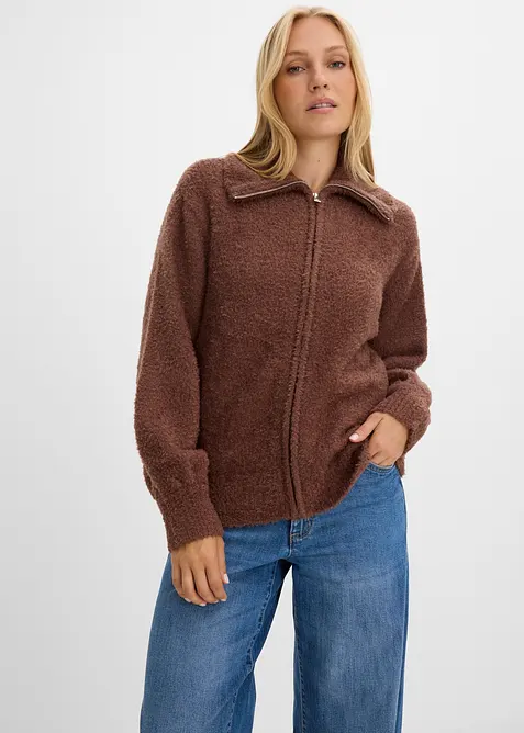 Bouclé-Strickjacke in braun von vorne (im Anschnitt) - bonprix