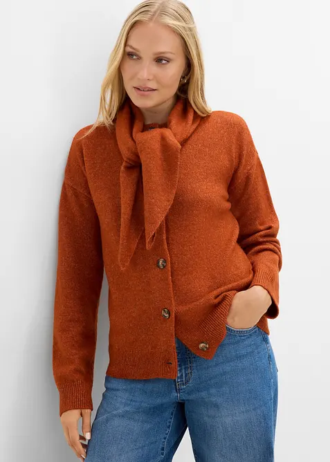 Strickjacke mit Schalkragen in braun von vorne (im Anschnitt) - bonprix