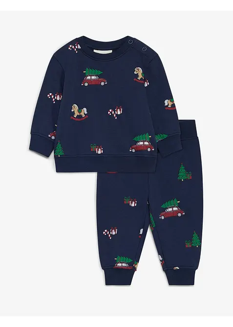 Süßes Set aus Hose und Sweatshirt aus reiner Bio-Baumwolle mit Weihnachtsmotiv (2-tlg.Set) in blau von vorne - bonprix