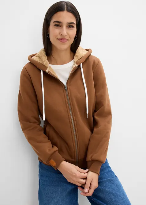 Kapuzen-Sweatjacke mit Teddyfutter in braun von vorne (im Anschnitt) - bonprix