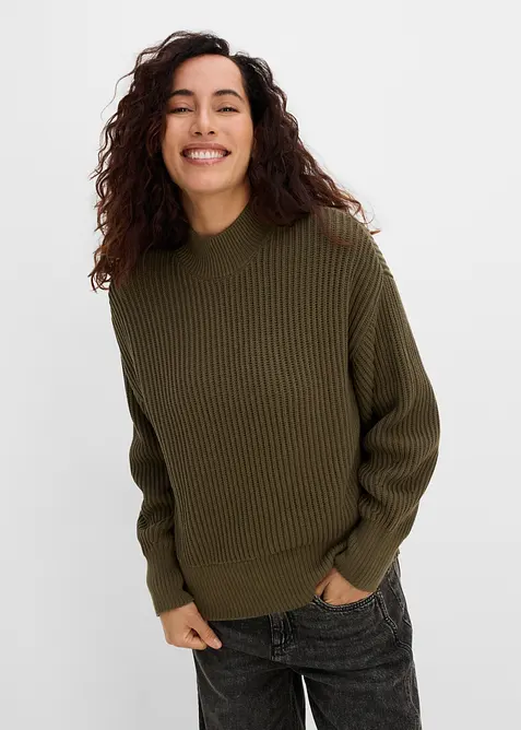 Oversize-Pullover aus reiner Baumwolle in grün von vorne (im Anschnitt) - bonprix