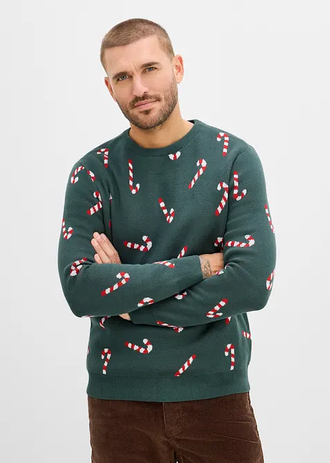 Feinstrickpullover mit Weihnachtsmotiv in petrol von vorne (im Anschnitt) - bonprix